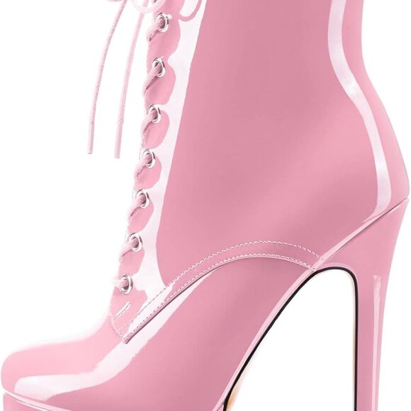 Women Ankle Boots Short Patent Platform Heel Dress Shoes Lace-Up Size 7 - Picture 4 of 6